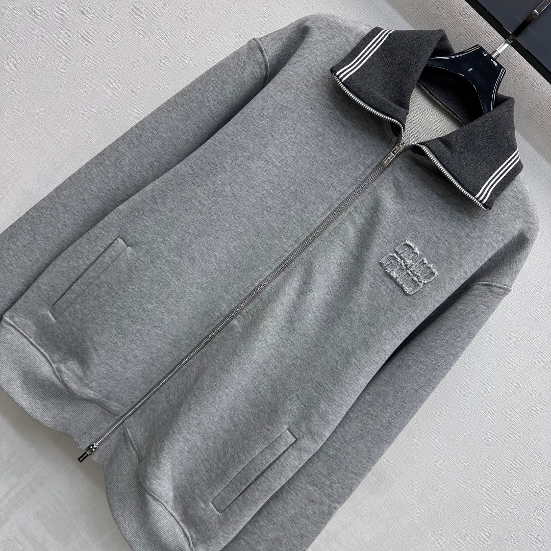 Miu Miu Fleece Jacket Zippered Grey Cotton 341877