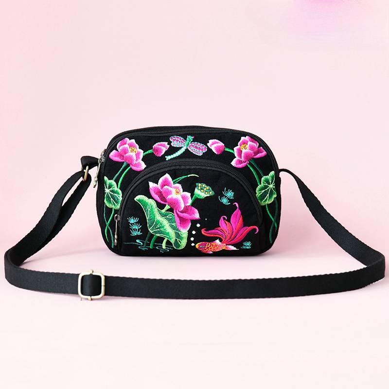 New Small Bag For Mobile Phones, Female Ethnic Style Embroidery Flower Bag, Shoulder Bag, Three-Layer Change Bag, Messenger Bag