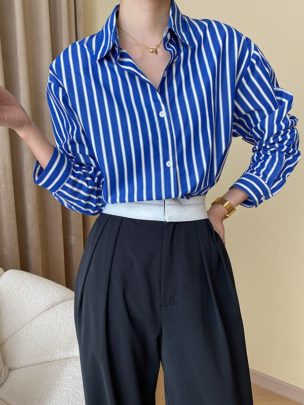 Long Sleeves Loose Contrast Color Striped Lapel Blouses