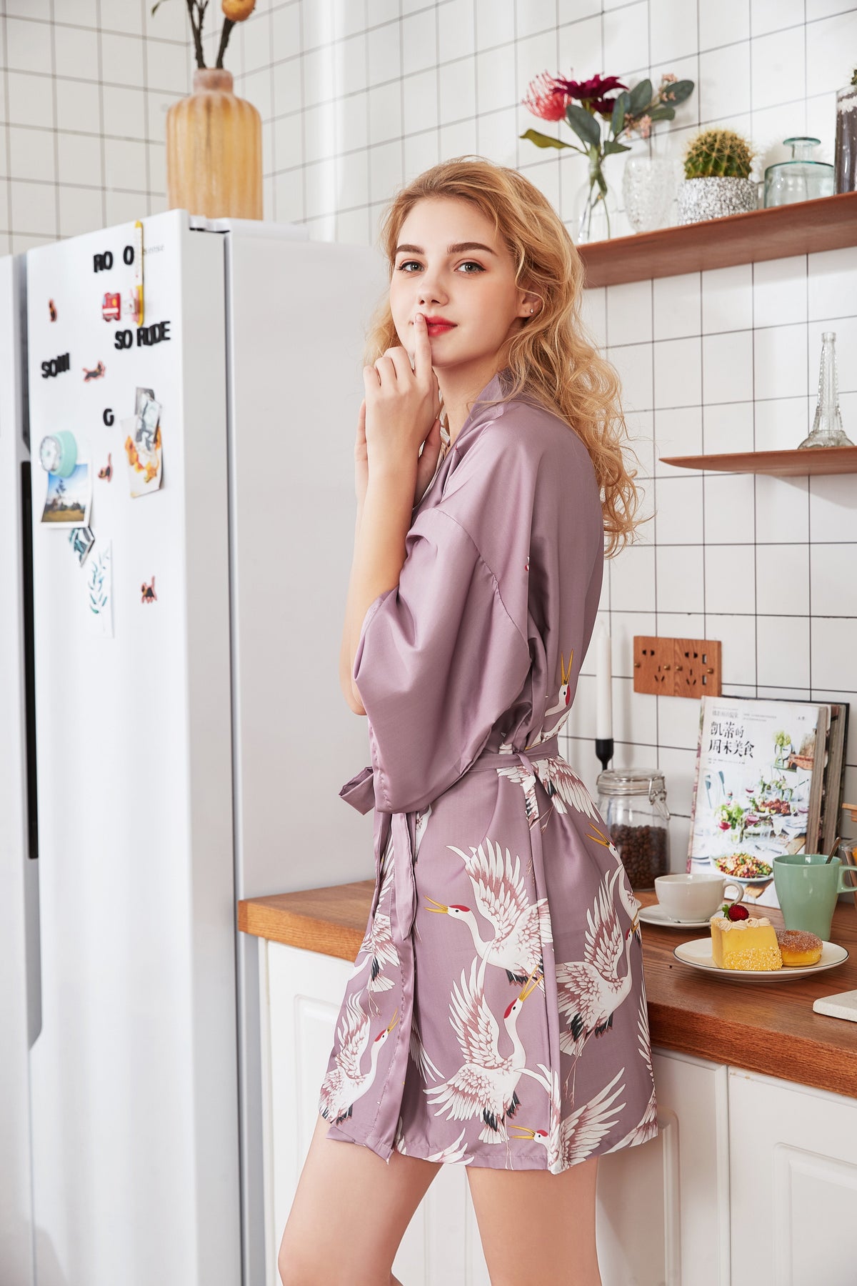 Silk Crane Pajama Girl Summer Mid Sleeve Bride Morning Robe Big Yard Home Robe Bathrobe Color78