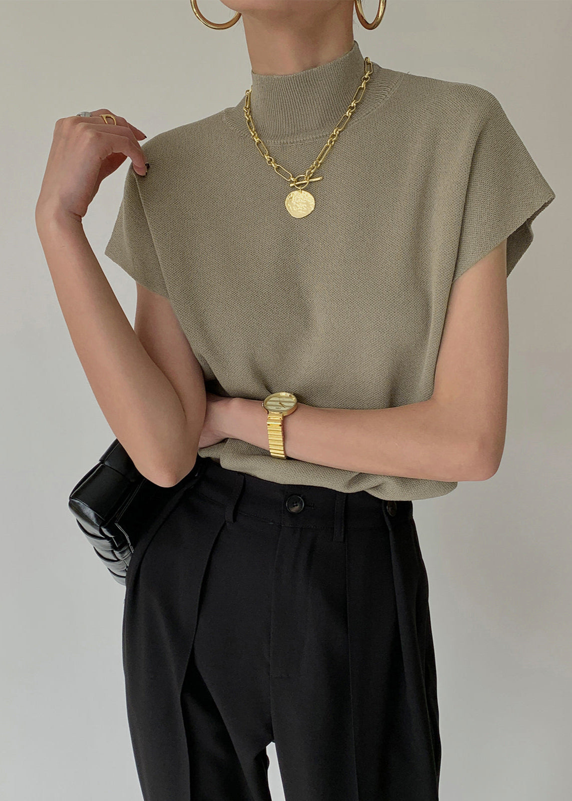Mock Neck Knit Top Sleeveless Black Soft Knit