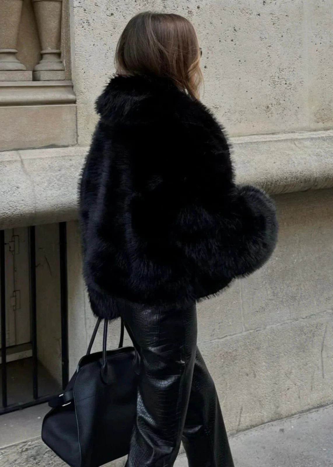 Faux Fur Polo Collar Jacket Black Oversized Fit