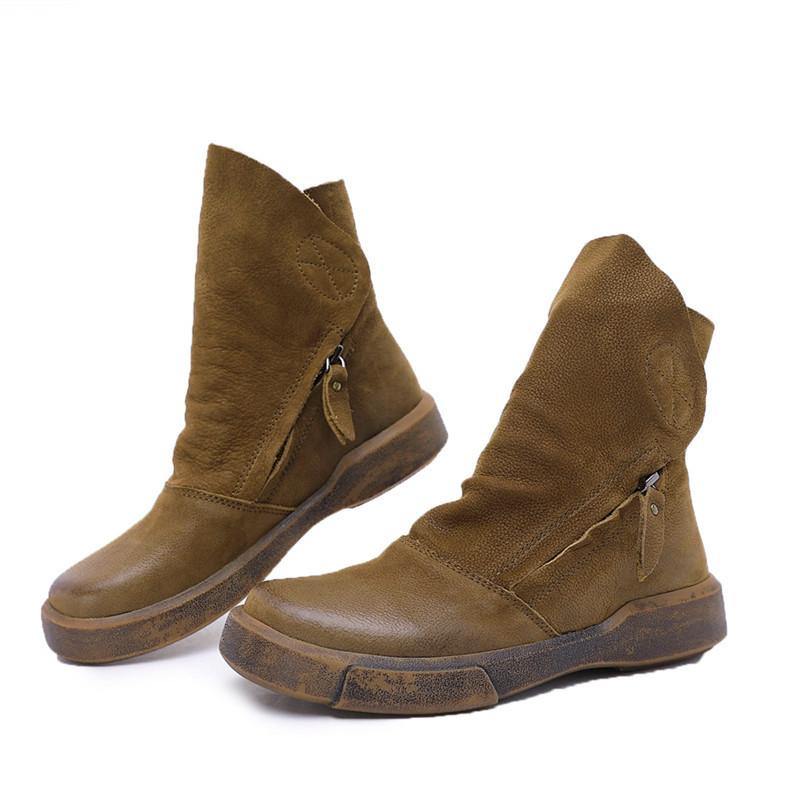 Chocolate zippered Casual Boots Cowhide Leather