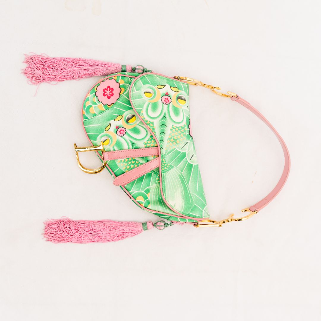 Dior Pink/Green printed satin glazed leather limited edition 0705 saddle bag