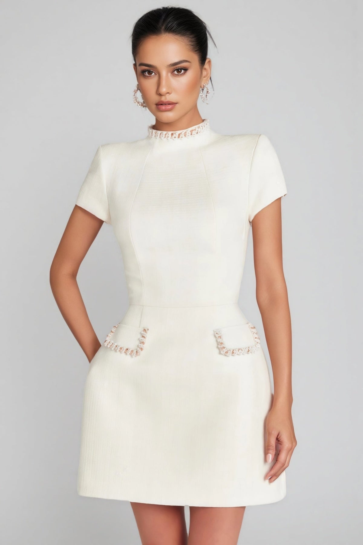 Adela White Beaded Chambray Mini Dress