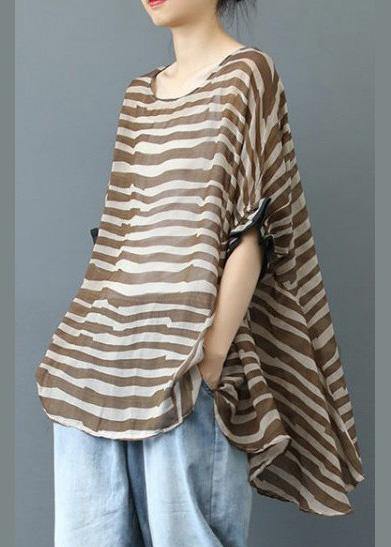 Elegant Chocolate Striped Clothes For Women O Neck Midi Blouse