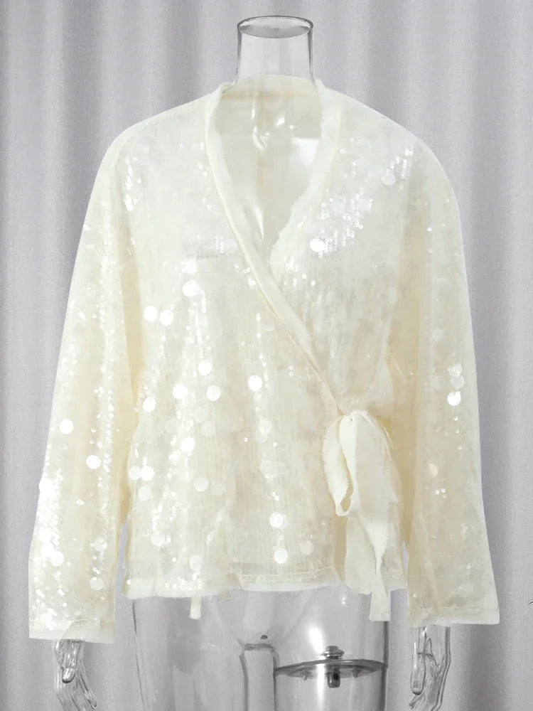 Elegant White Sequins Patchwork Lace-Up Shirt For Women Long Sleeve V-Neck Loose Short Coats Autumn Winter Street Partywear