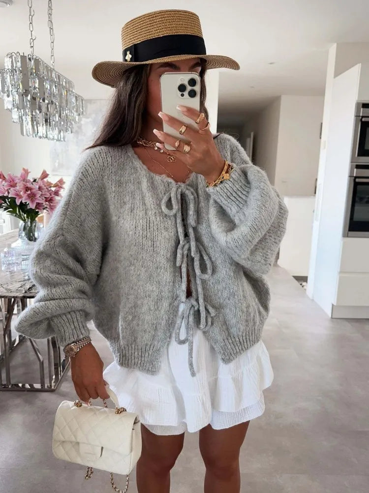 Fashion Casual Brown Lace Up Bow Knitted Cardigan O-Neck Long Sleeve Hollow Out Sweater 2024 Autumn Female High Street Knitwear