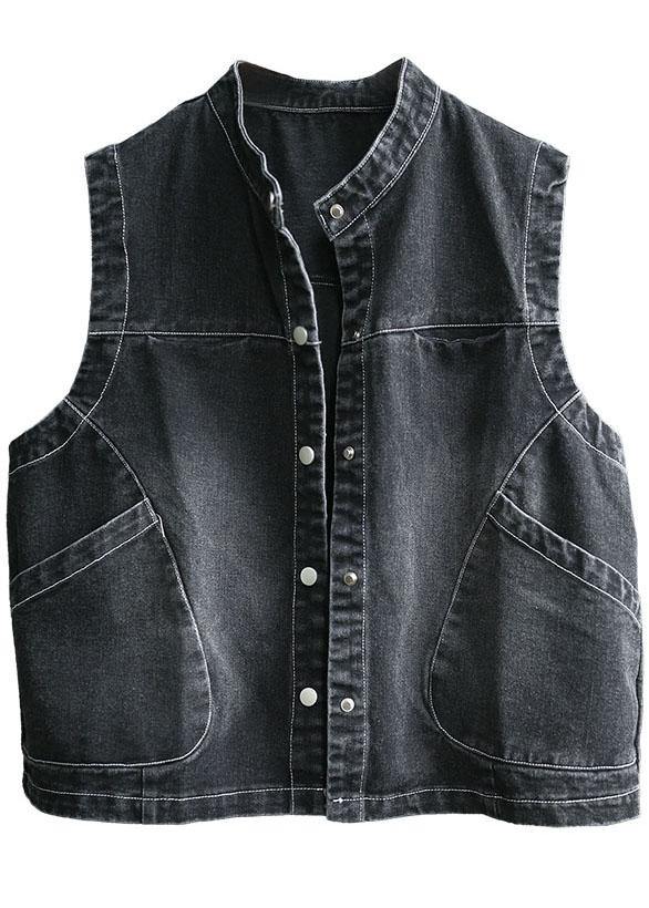 Fitted Black Stand Collar Pockets Button Fall Top Sleeveless Waistcoat