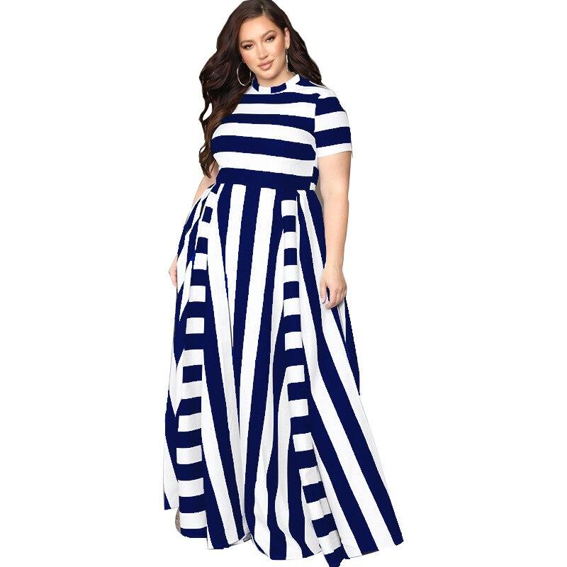 Hot Selling Women'S Dress Loose-Fit Crew Neck Horizontal And Vertical Stripes Large Size Dress