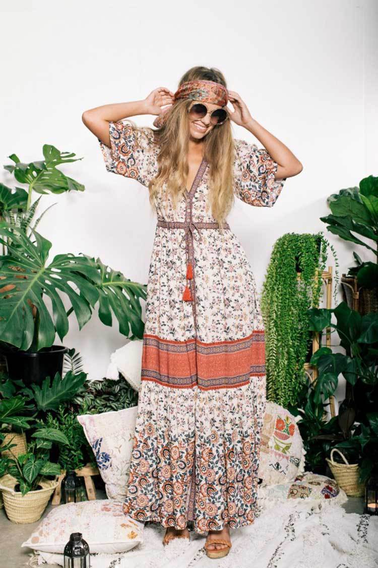Boho Maxi Floral Print V-Neck Tassel Drawstring Dress