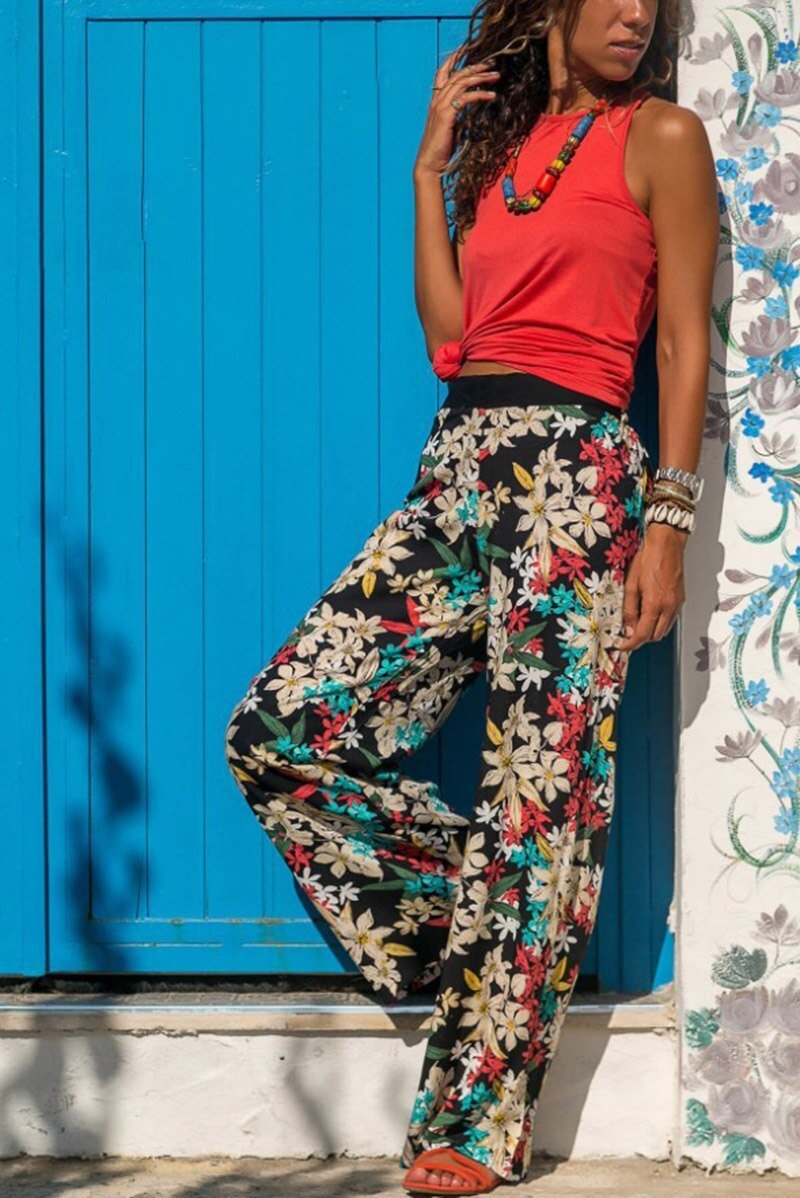 Women'S Casual Pajama Boho Beach Pants Floral Print Drawstring Palazzo Lounge Wide Leg Pant Pantalon Femme