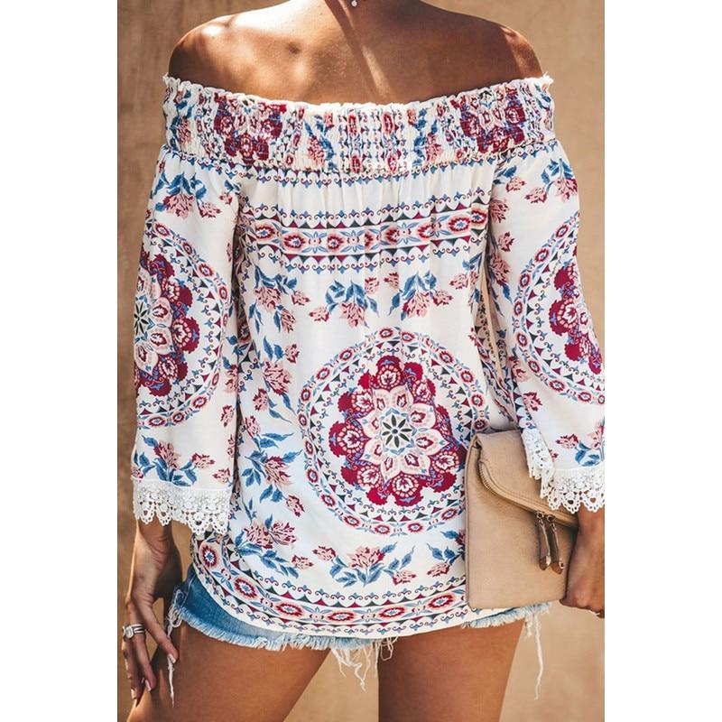 Autumn And Winter Women Retro Printed Lace Stitching Off Shoulder Elegant Loose Flare Sleeve Blouse