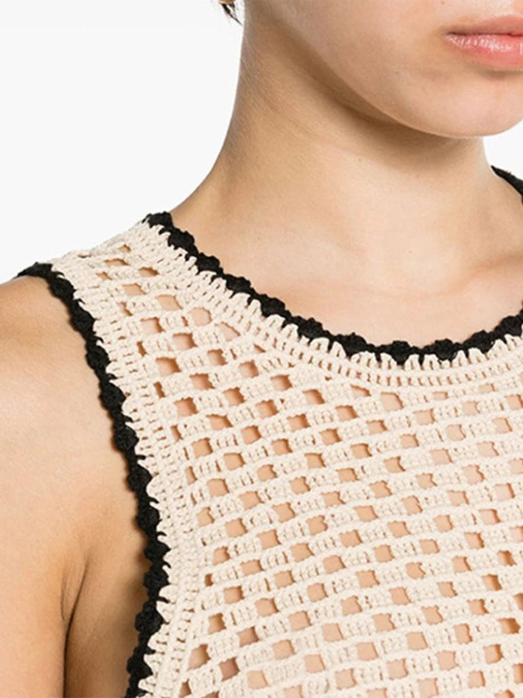 Hollow Out Knitted Sets For Women Sleeveless O-Neck Short Vest Flower Knitting Pants Elegant Women'S Sets Simple Vintage 2 Piece