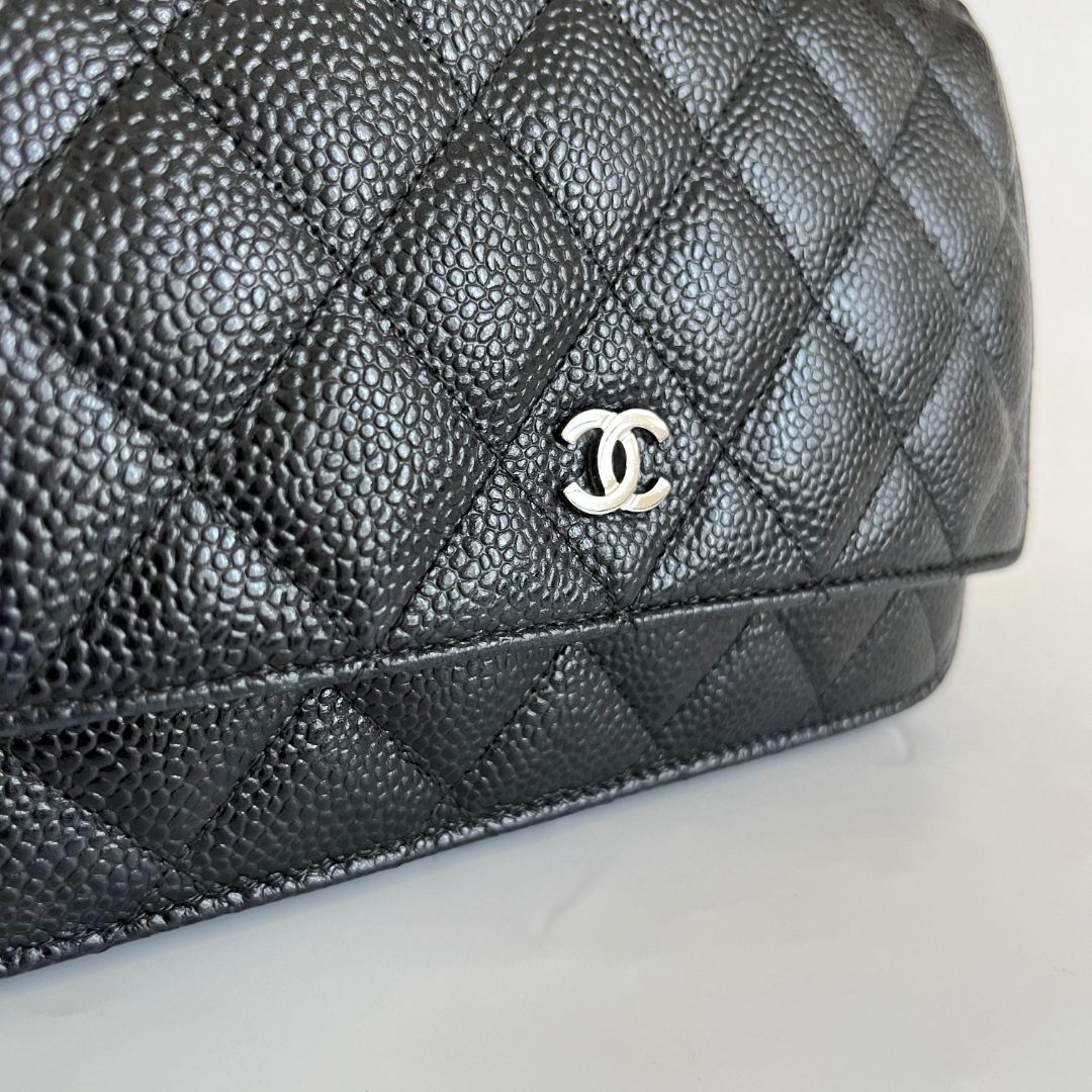 Chanel quilted black caviar wallet on chain with silver-hardware
