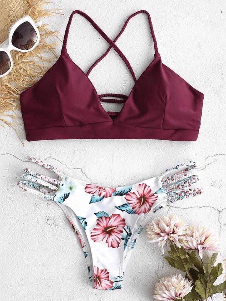 Solid Color Top Floral Bottom Bikini Cut Flowers Two Piece Swimsuit Push Up Swimwear Beachwear Swimming Suit