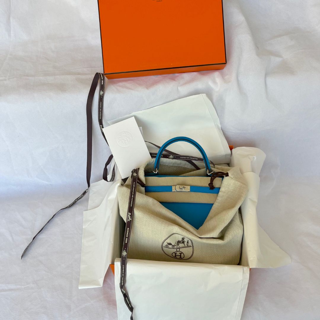 Hermes Kelly 25 Sellier Blue Chamkila Goatskin PHW Bag