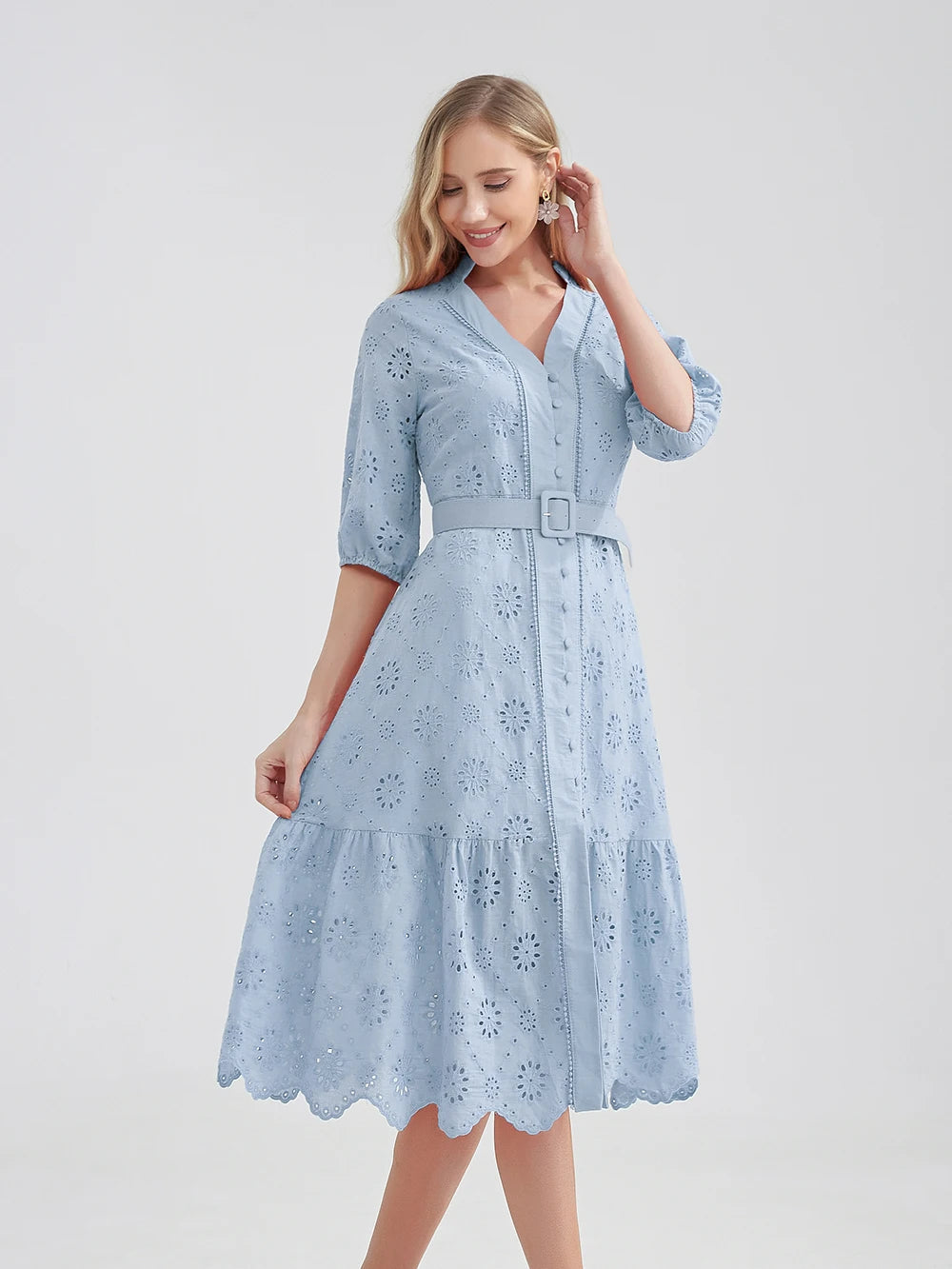 Marwin Cotton Hollow Out Summer Dress Women Holiday Perppy Casual High Waist Ruffled Mini V-Neck Dresses A-Line Frills Vestido