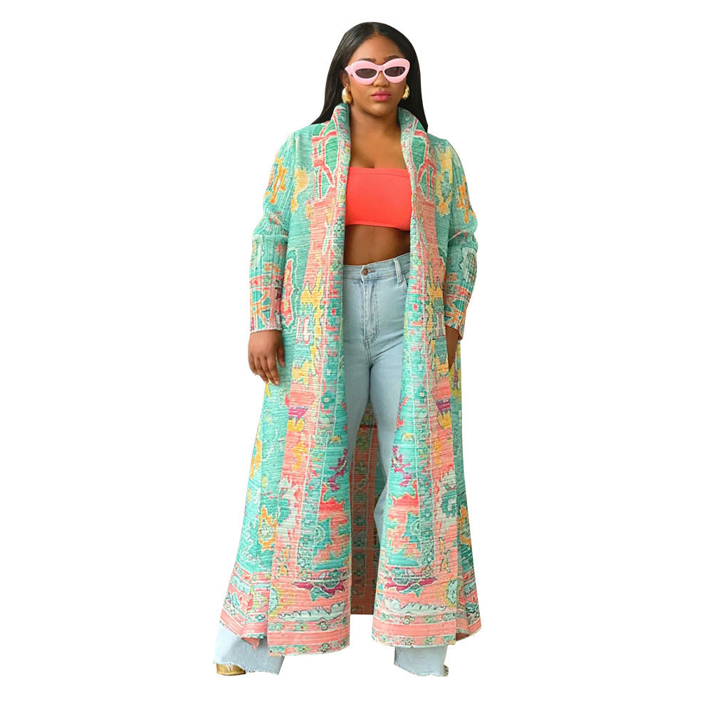 Plus Size Long Coat With Pleated Print For Women