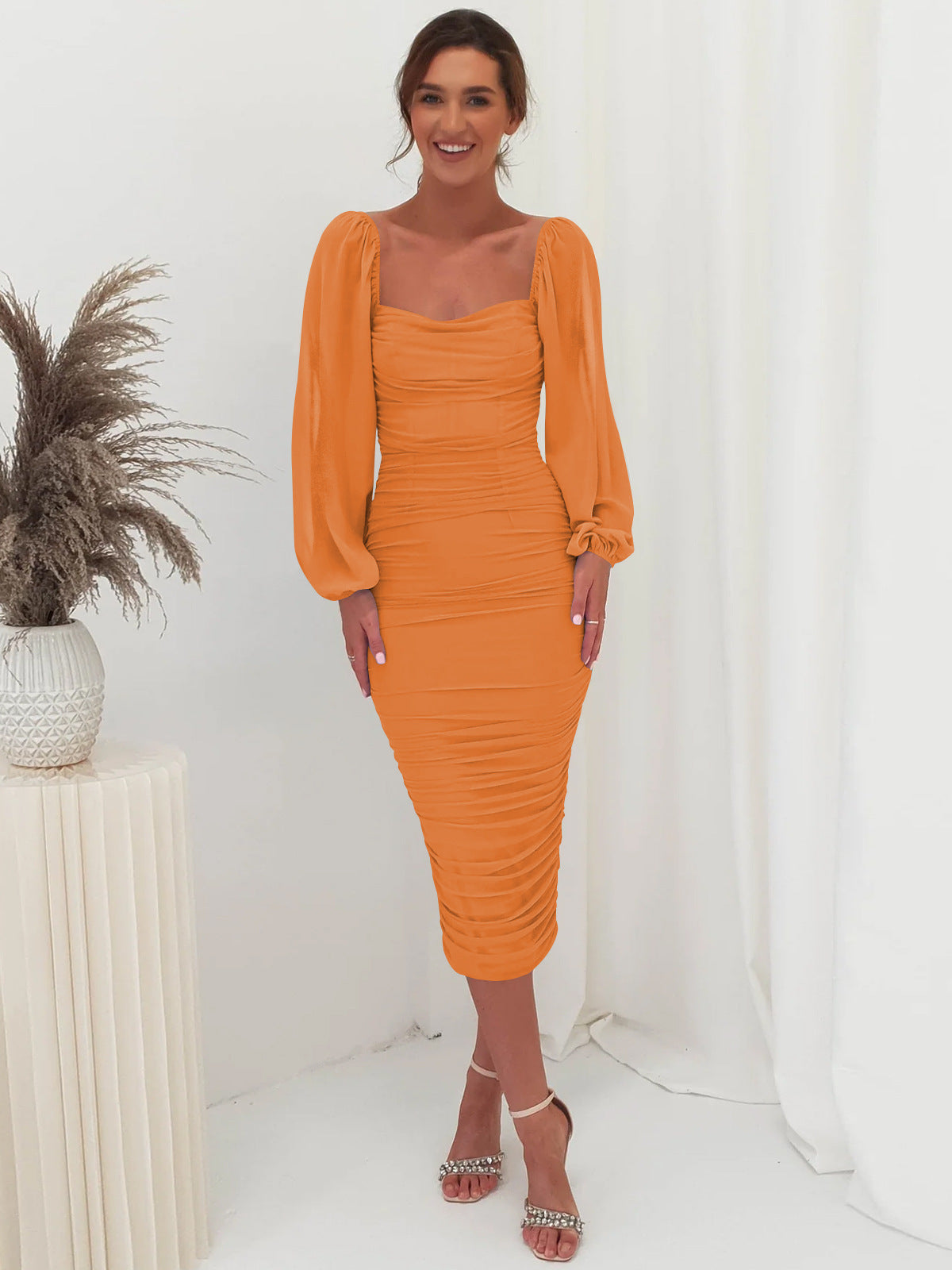Lace Panel Maxi Dress Elegant Square Neck High Split Cocktail Dress