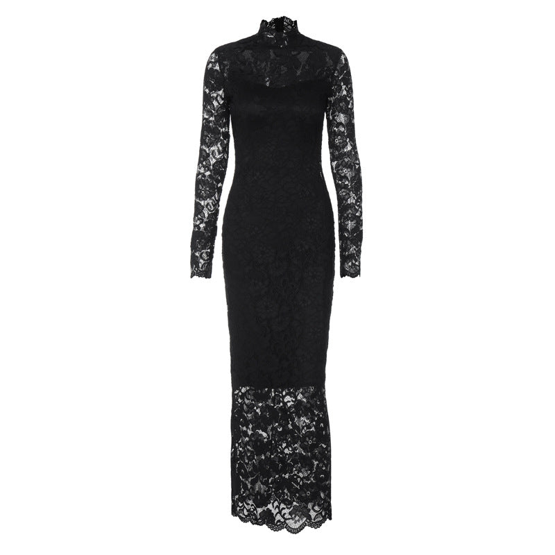Elegant Black Lace Panel Bodycon Long Sleeve Dress