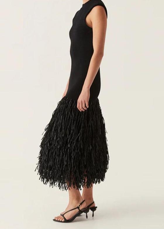 Fringe Knit Midi Dress Black Sleeveless