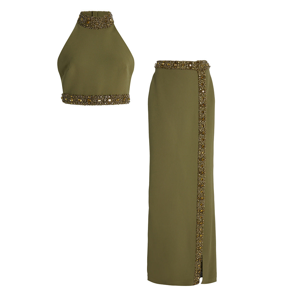 Beaded Halter Neck Top And Slit Maxi Skirt Set
