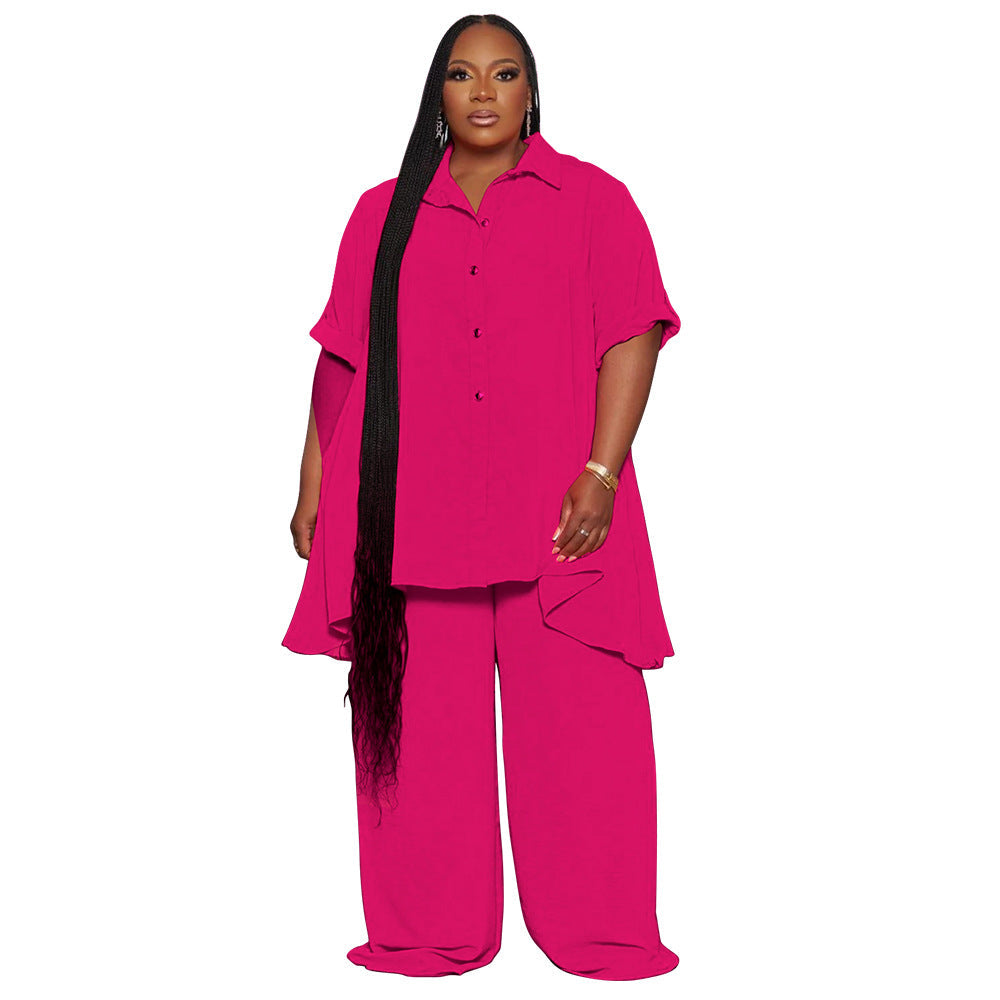 Fashionable Plus Size Short Sleeve Top And Wide Leg Pants Set
