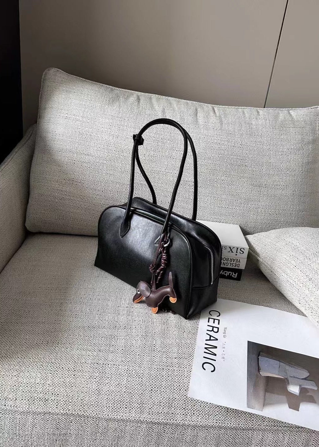 Faux Leather Structured Tote Bag With Charm
