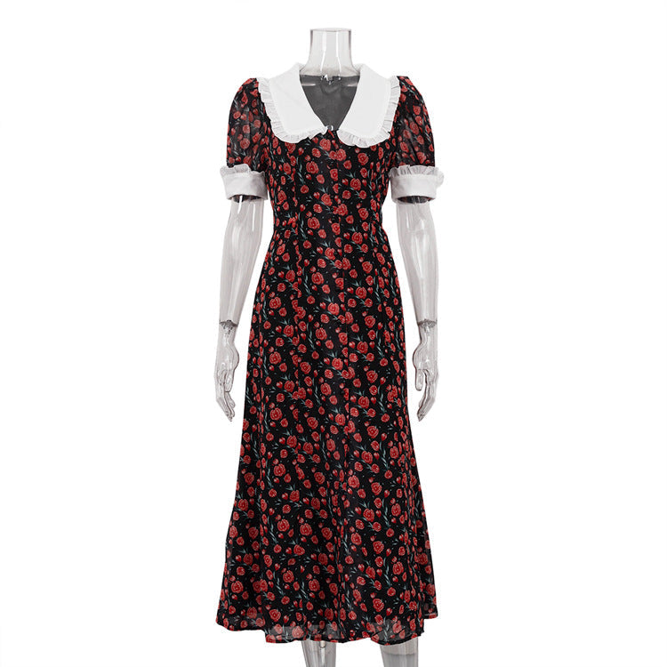 French Floral Print A-Line Dress With Peter Pan Collar