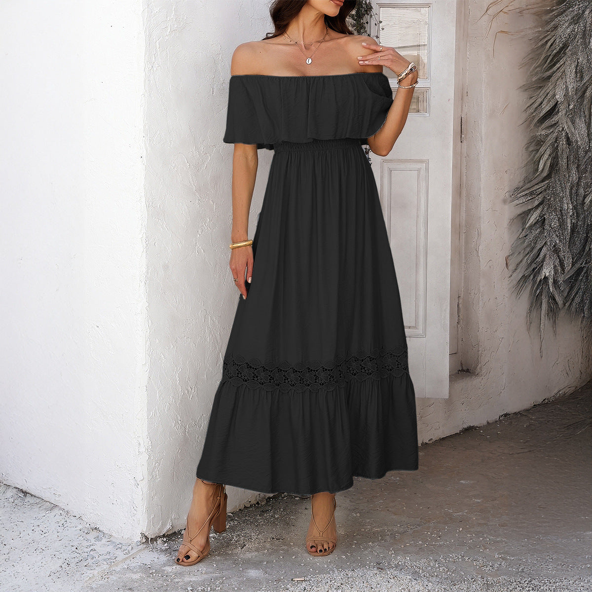 Off-Shoulder Waist-Defined Maxi Dress with Ruffle Sleeves