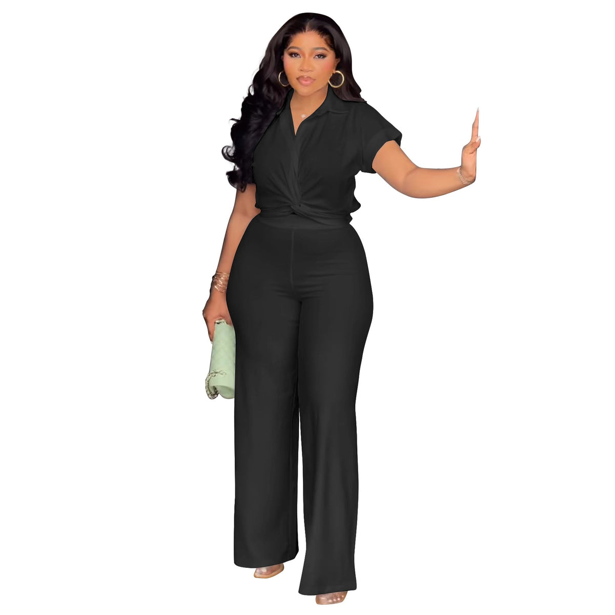 Casual Two-Piece Solid Color Short Sleeve Blouse And High Waist Pants Set
