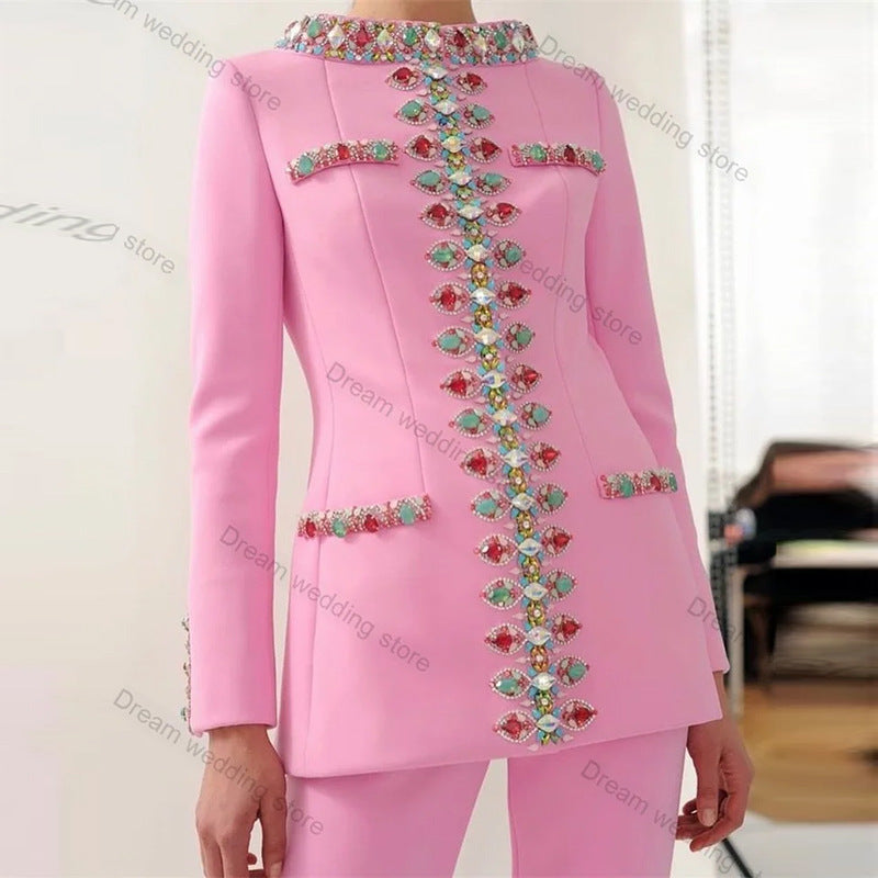 Trendy Casual Pearl Beaded Jacket And Pants Set