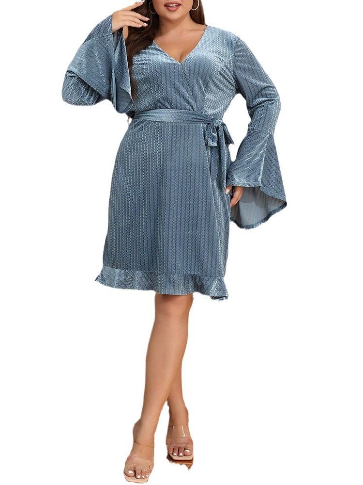 Plus Size V-Neck Flared Sleeve Dress Elegant Casual Short Dress