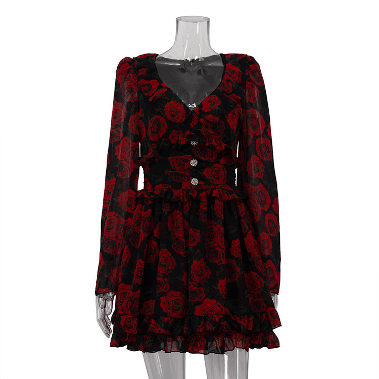 V-Neck Floral A-Line Dress Elegant Casual Polyester