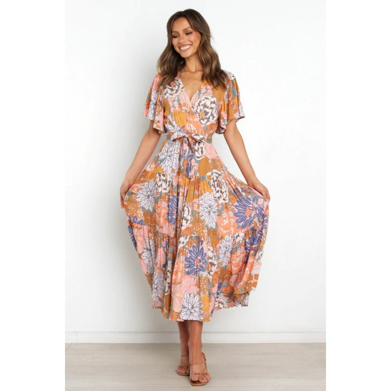 V-Neck Commuter Print Short-Sleeved Waist-Length Dress Bohemian Dress