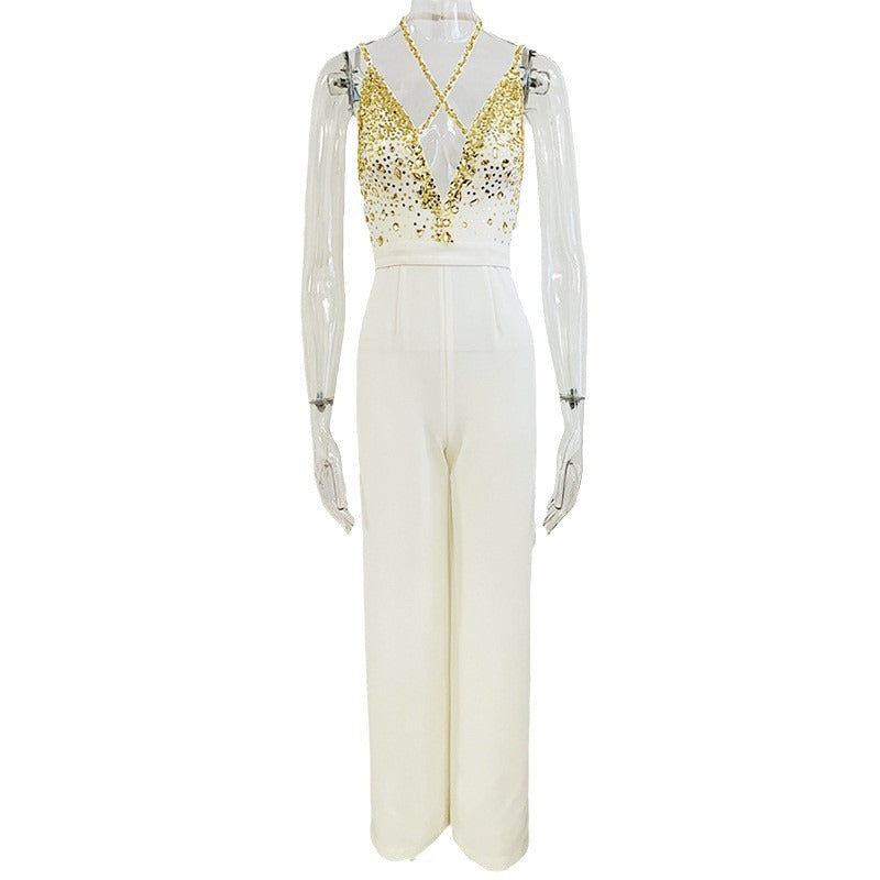 Beaded Sequin V Neck Jumpsuit
