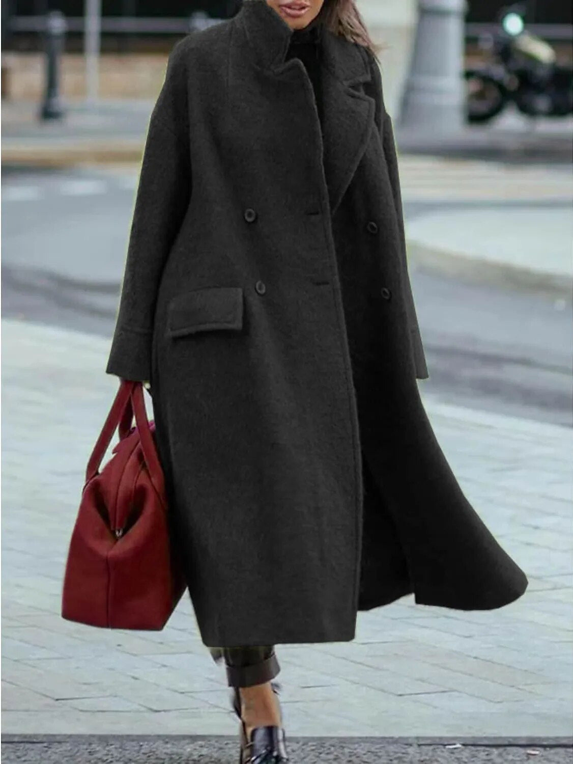 Long Solid Color Woolen Overcoat For Women