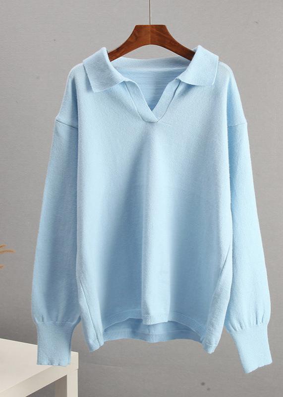 Blue Knit Pullover With Collar Detail Casual Style