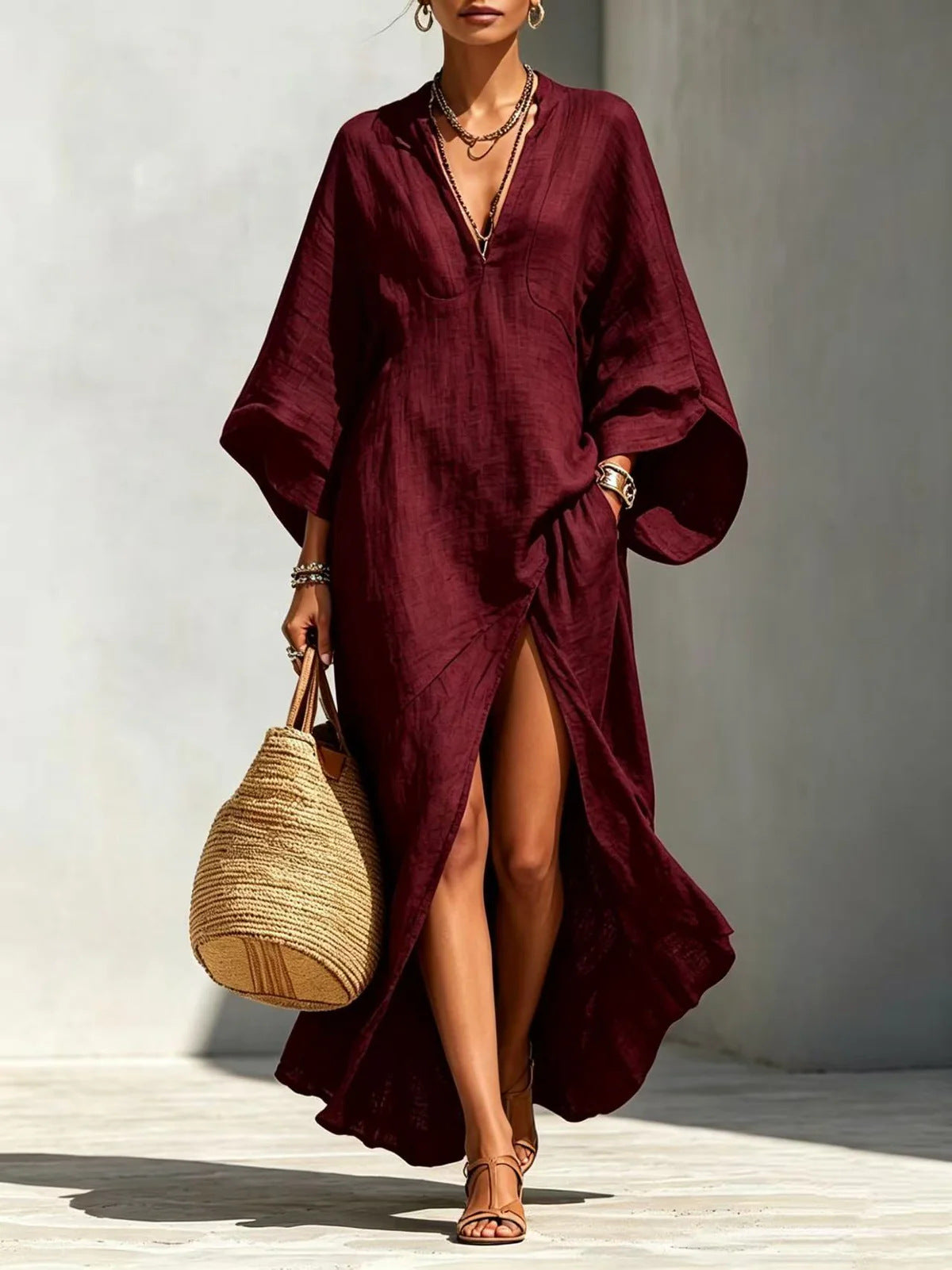 Batwing Sleeve Slit Linen Vacation Maxi Dress