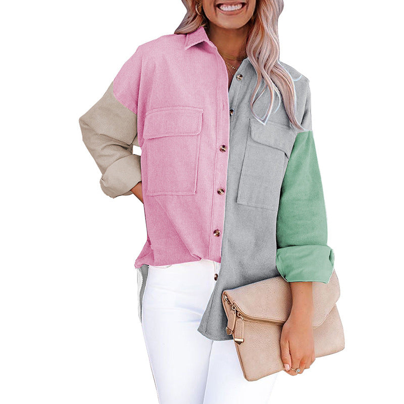 Contrast Corduroy-Breasted Loose Button Shirt