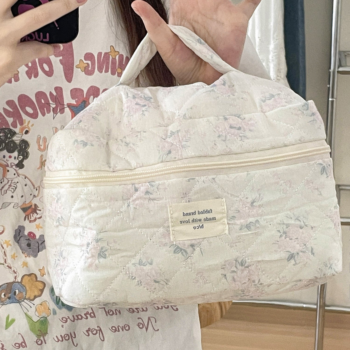 Floral Pattern Makeup Bag Soft Cotton Quilted Big Capacity Portable Toiletry Organizer