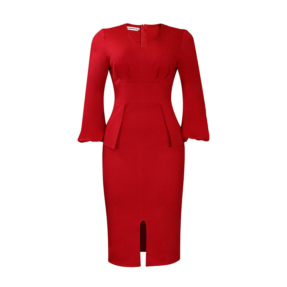 V-Neck Puff Sleeve High Waist Pencil Dress
