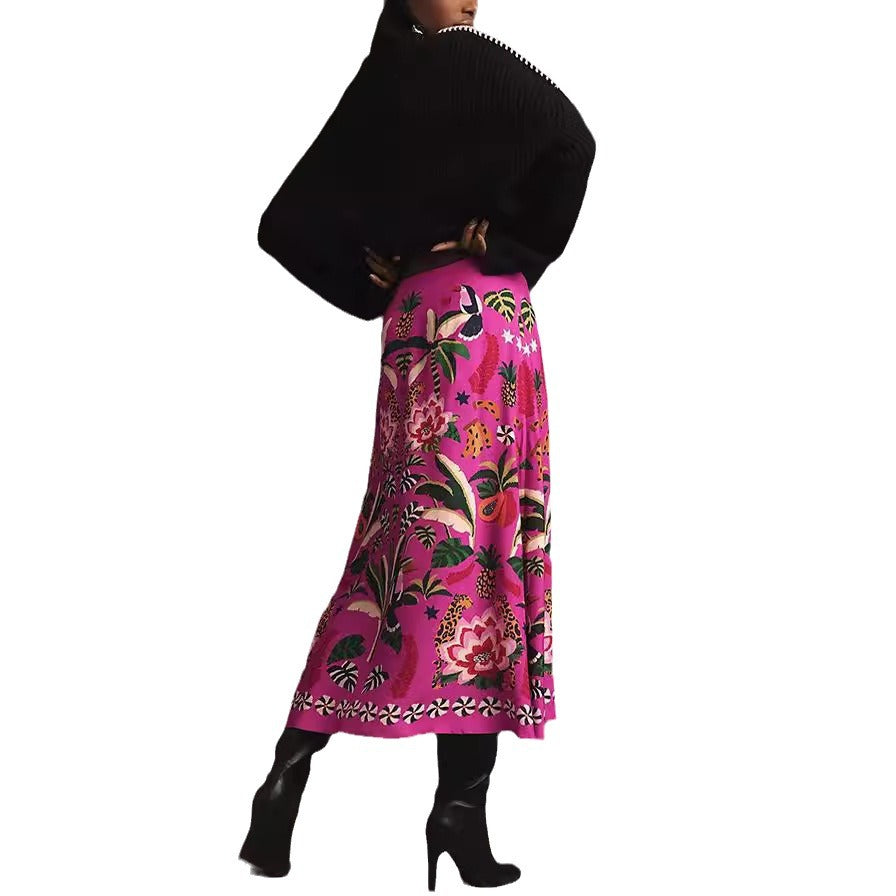Retro Tropical Plant Print A-Line Skirt for Women