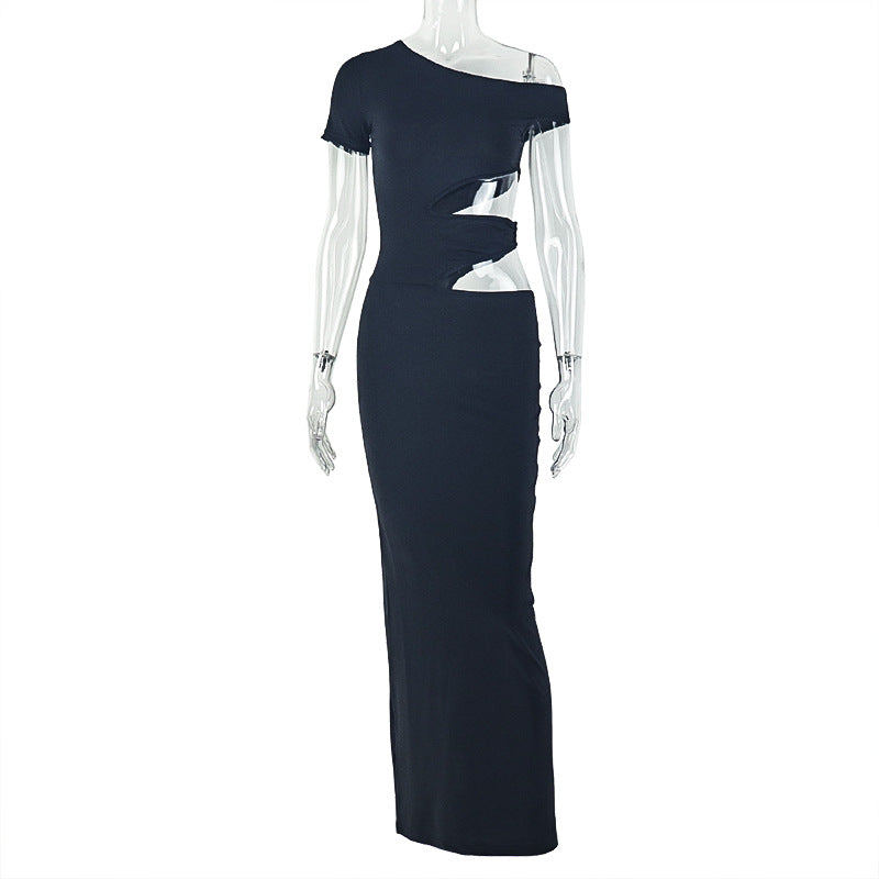 Elegant Solid Color Bodycon Dress With Asymmetrical Hem