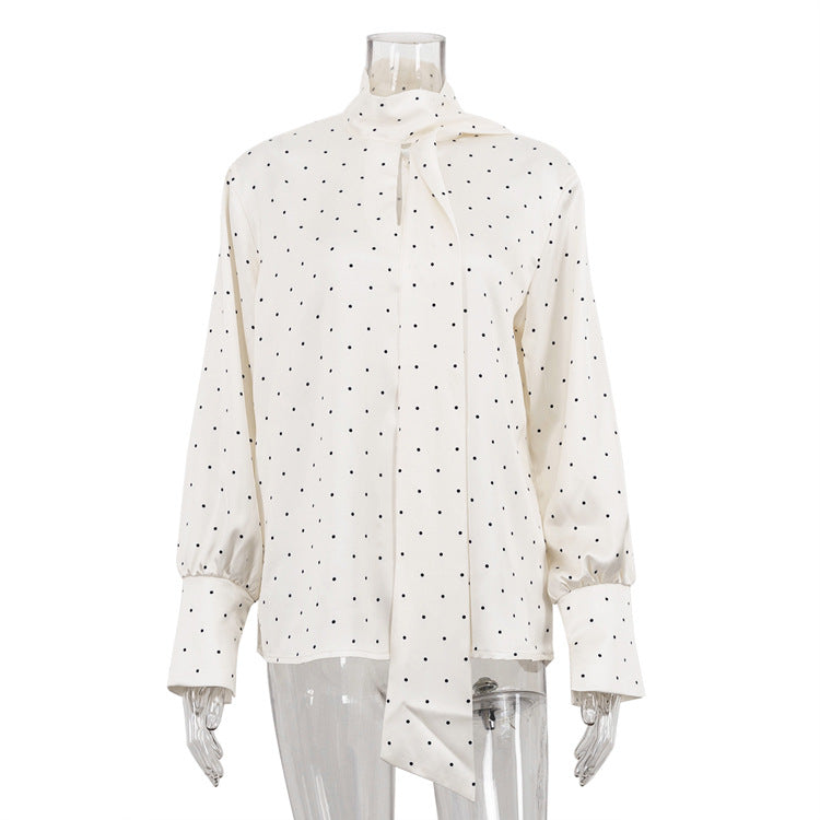 Polka Dot Satin Blouse with Tie Front Elegant Long Sleeve Shirt