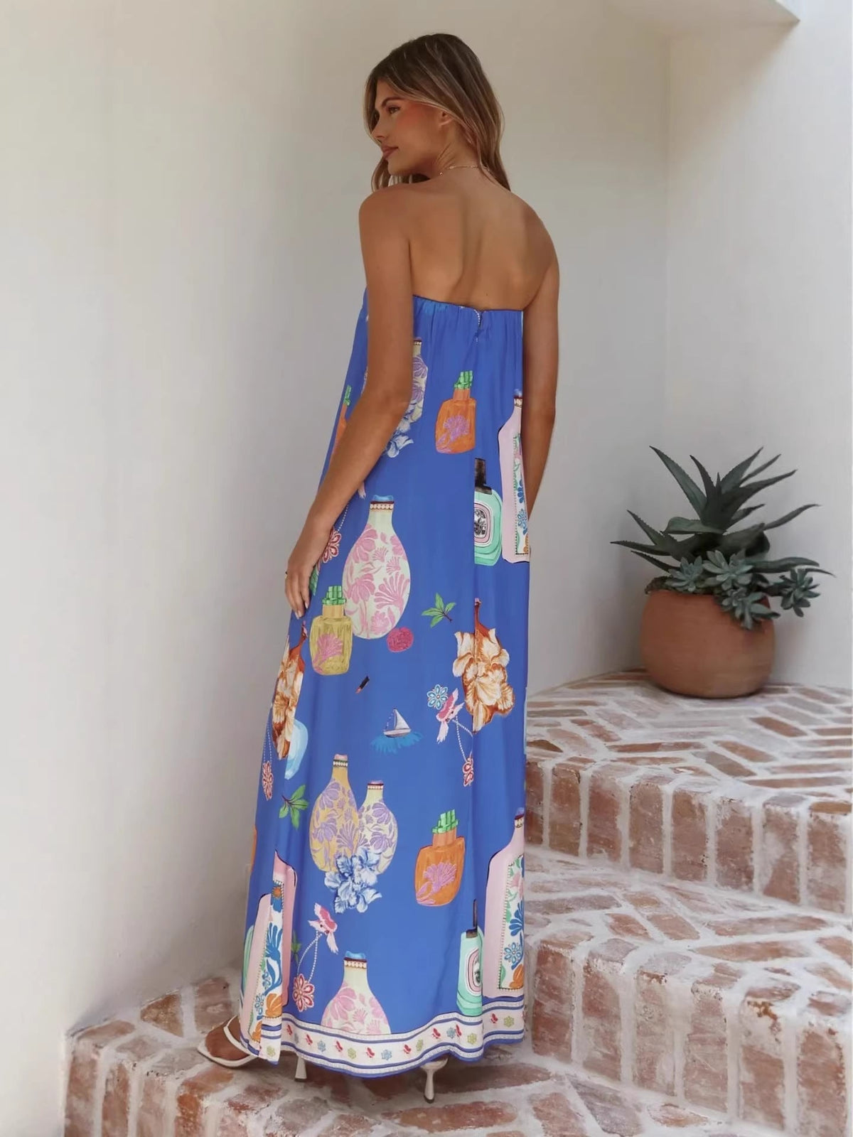Casual Linen Strapless Dress With Artistic Prints