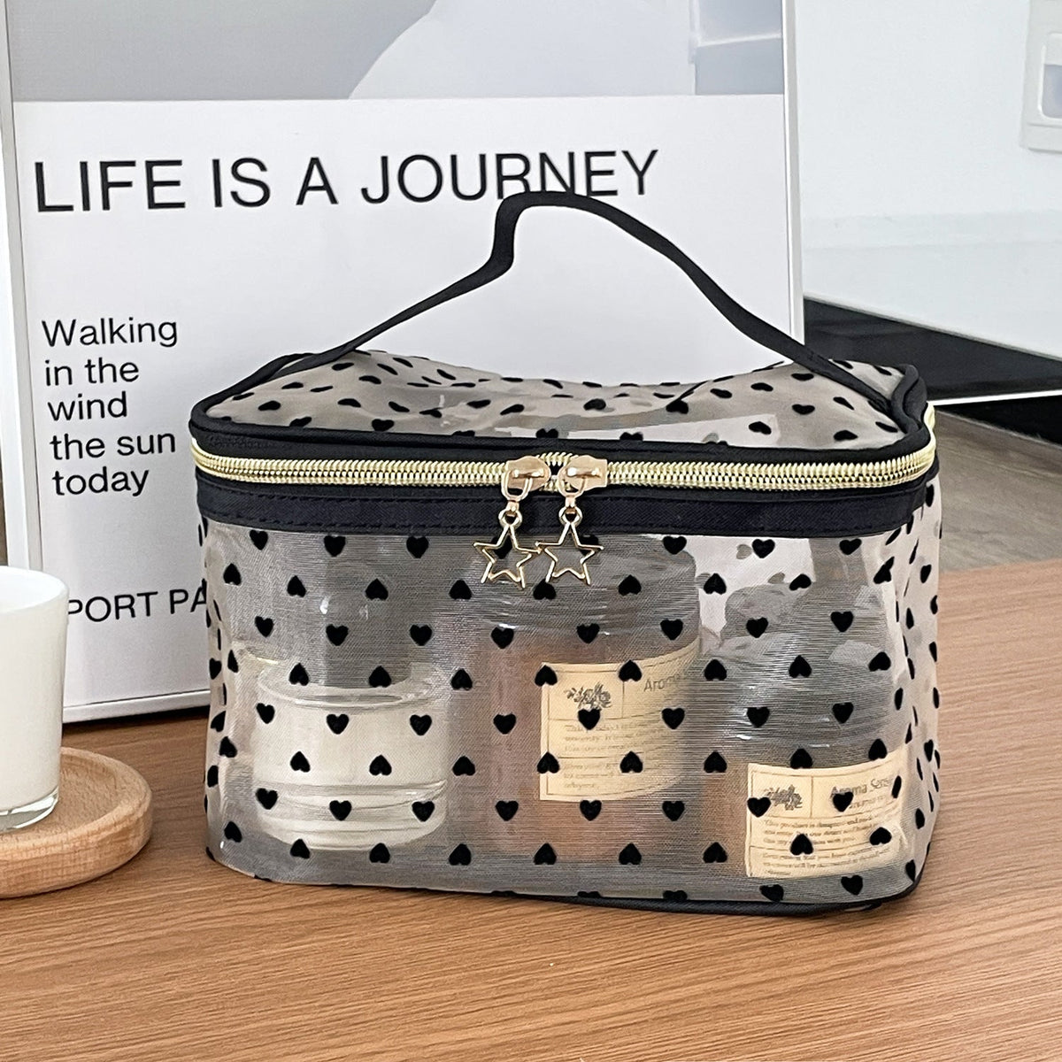 Love Print See Through Mesh Make Up Bag