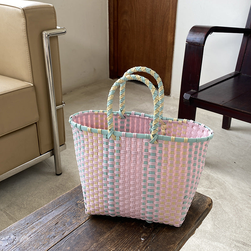 Handwoven Tote Bag Color Block Beach Bag
