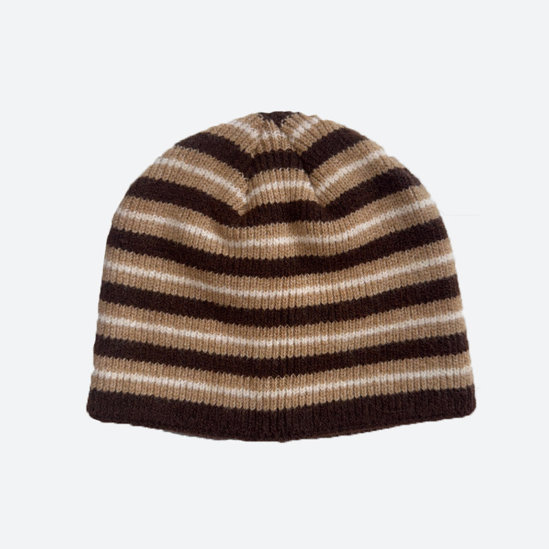 Striped Wool Blend Beanie Hat Soft Knit for Women